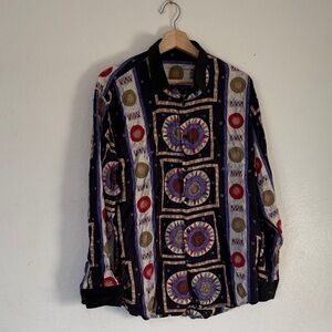 Geometric Patterned Button Up Shirt in Black, Red, Blue Sz Missing